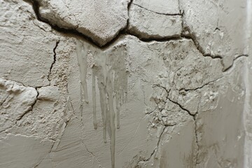 Cracked light beige plaster wall with drips