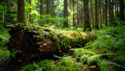 Serene forest floor with moss-covered fallen log and lush green ferns bathed in dappled sunlight