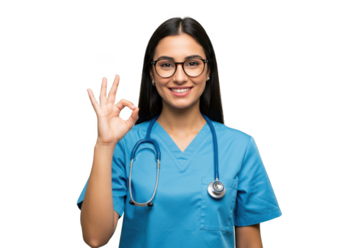 Smiling young female medical professional wearing blue scrubs and stethoscope gesturing ok sign isolated on transparent background