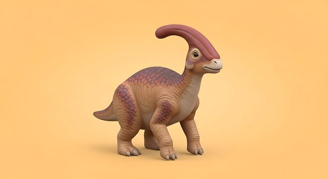A cute 3D rendered model of a baby Parasaurolophus dinosaur toy standing on an isolated orange background.