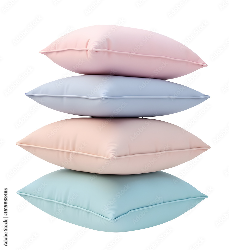 Poster soft pastel pillows neatly stacked, creating serene and comfortable display