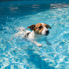 Cute Jack Russell Terrier dog swimming in a blue water pool on a summer day