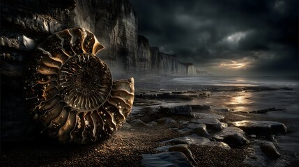 Close-up of ammonite fossil on coastal cliffs