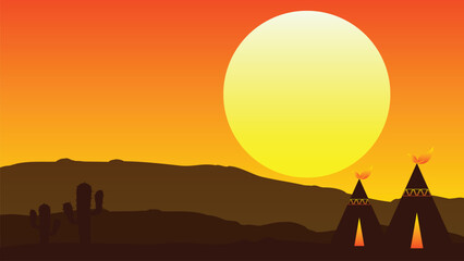 Silhouetted teepees at sunset in a desert landscape, large sun dominating the sky. © snoobcat