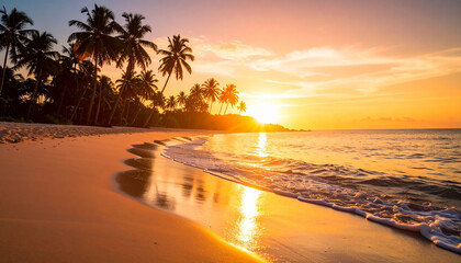 Stunning tropical beach at sunset with golden light reflecting on calm ocean waves and palm trees.