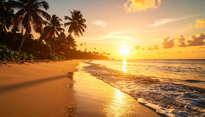 Golden sunset illuminates tropical beach with palm trees and gentle waves, evoking paradise