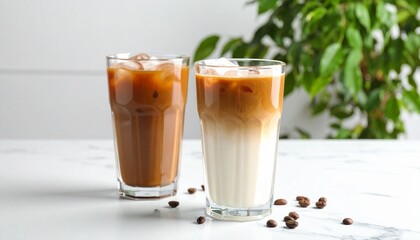 Two iced coffee glasses with varying shades—light and dark