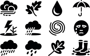 Bold Black Glyph Icons: Weather, Nature, and Sad Emotion Set