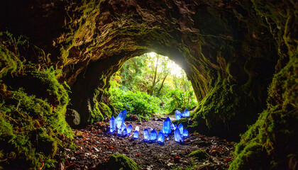 Obraz premium Enchanting forest cave illuminated by glowing blue crystals, a magical discovery awaits