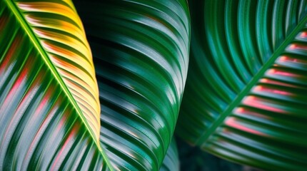 Close-up of lush tropical leaves showcasing vibrant green textures and natural details. Exotic, fresh, and calming foliage perfect for nature-inspired designs and backgrounds