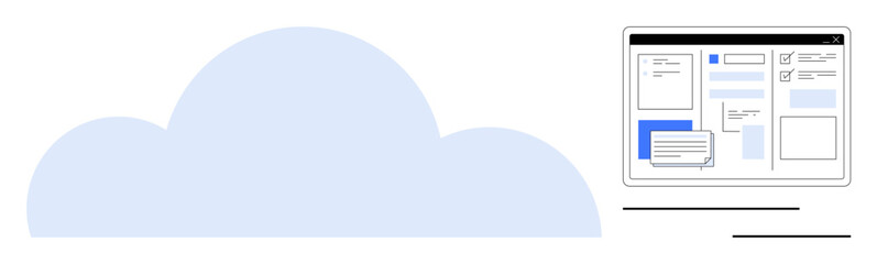 Blue cloud symbol next to a digital interface displaying document organization and management tools. Ideal for cloud storage, digital workflow, data management, remote work, office productivity