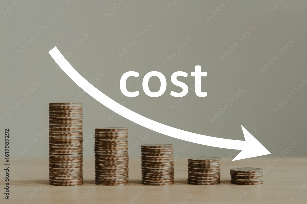 Poster visual representation of decreasing costs with stacks of coins and a downward trending arrow indicat