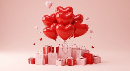 A cluster of red heart-shaped balloons floats above a collection of pink and red gift bags and boxes on a pale pink background; small pink hearts scatter around