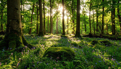 Obraz premium Sunbeams illuminate a vibrant forest floor carpeted with blooming bluebells and mossy rocks.