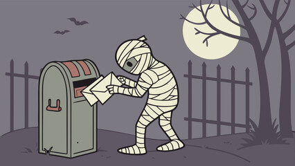 A cartoon mummy dressed in bandages deposits letters into a mailbox under a full moon with bats flying in the spooky night sky