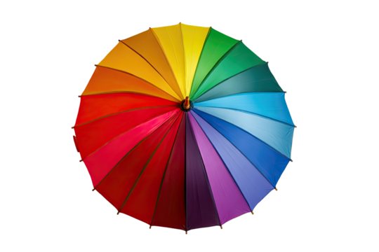 A colorful rainbow umbrella, top-down view