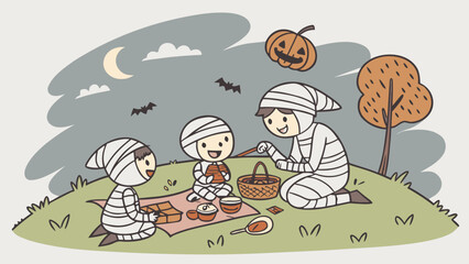 Cute mummy family enjoying a halloween picnic under the moonlit sky with bats flying and a spooky pumpkin overhead