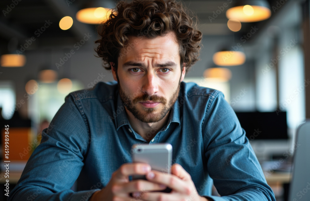 Poster man looking at smartphone with confused expression in modern cafe setting