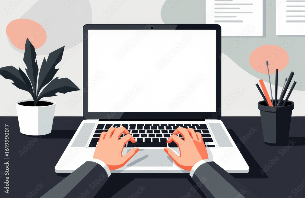 Poster a person typing on a laptop with a blank screen in a modern workspace setting