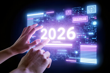 A person pointing to loading bar transitioning from 2025 to 2026, progress, future planning, and new year goals. Progress and transition from 2025 to 2026  concept. annual planning and business grow
