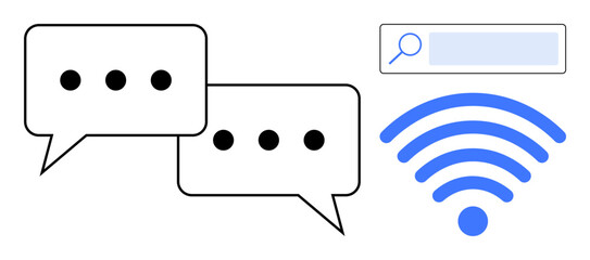 Speech bubbles representing messaging, a search bar for browsing, and a wireless signal icon for connectivity. Ideal for communication, teamwork, networking, browsing, collaboration, technology