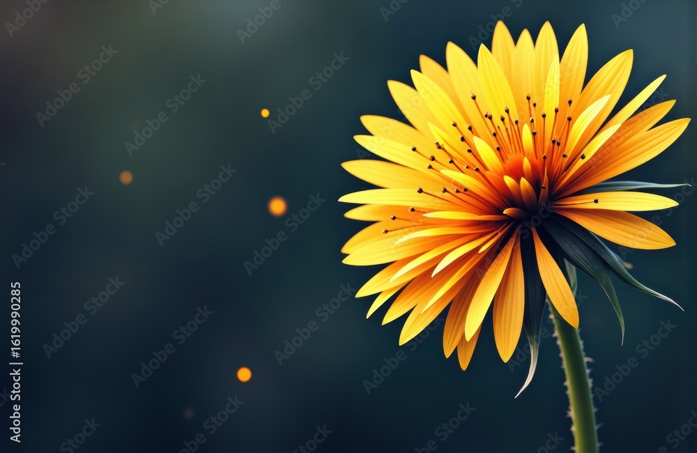 Poster bright yellow flower with a dark background and floating bokeh lights creating a vibrant atmosphere