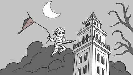 A whimsical mummy character joyfully flies a kite near a tall tower under a crescent moon surrounded by spooky clouds and bare tree branches