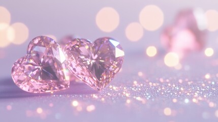 Fototapeta premium Crystal hearts sparkle softly on a shimmering surface for romantic settings