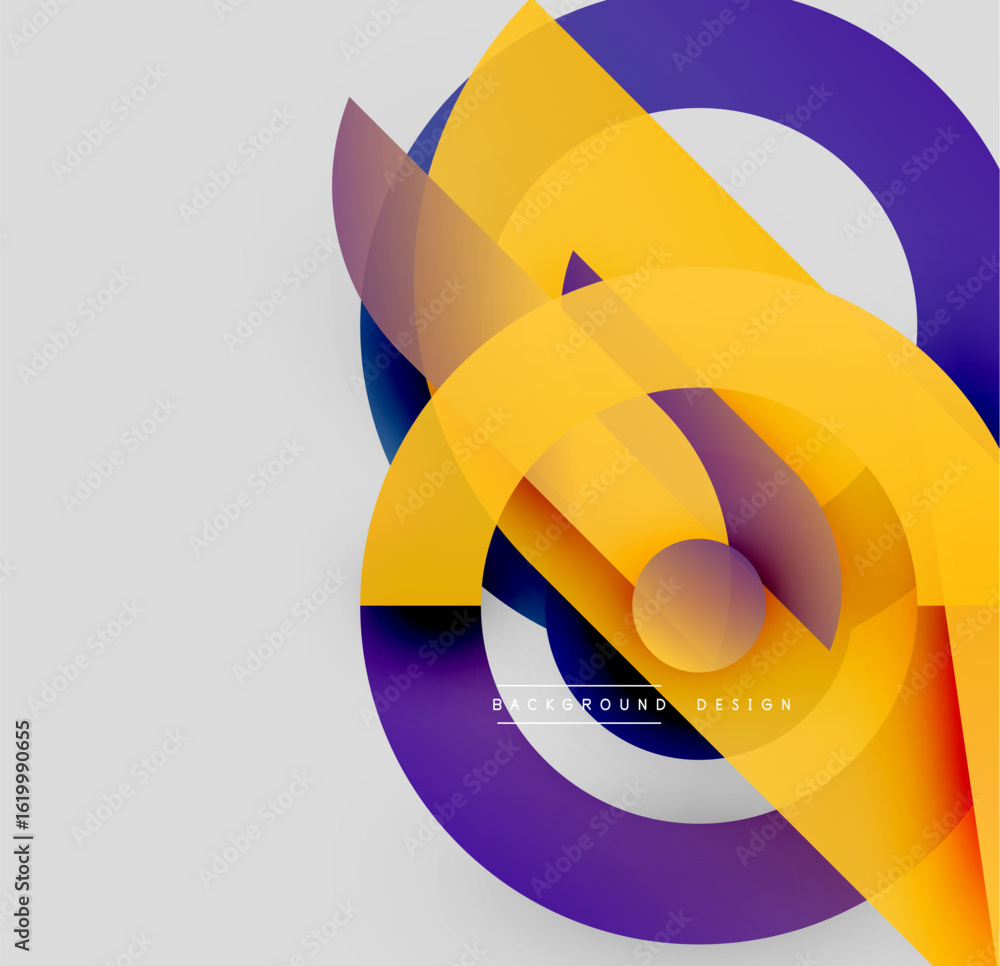 Poster abstract geometric shapes overlap. vibrant yellow, purple gradients create dynamic visual effect. mo