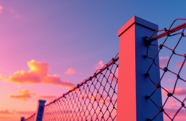 Fototapeta premium A chain-link fence with a sturdy post against a colorful sunset sky