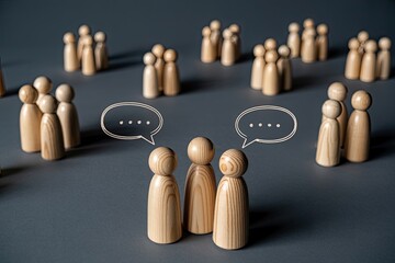 Wooden peg people figures representing a group discussion or conversation with speech bubbles indicating communication and dialogue