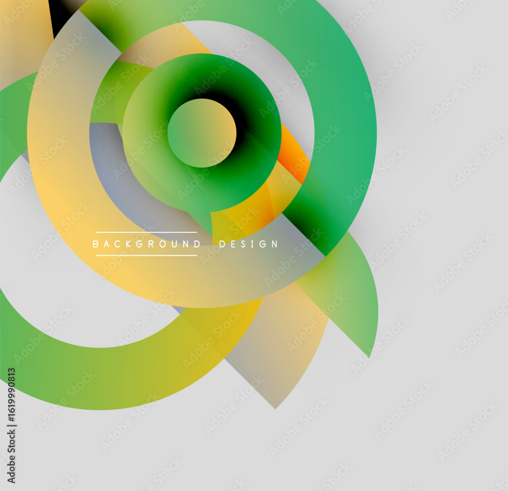 Poster abstract layers create dynamic circular composition. green, yellow hues dominate design, offering mo