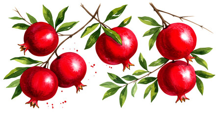 Six ripe red pomegranates on branches with green leaves isolated on a transparent background fruit fresh