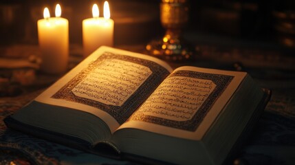 Open Antique Book with Candles and Chalice