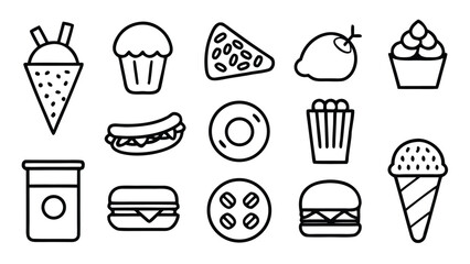 “Fast Food Line Art Set – Minimal Outline Vector Illustrations of Burgers, Pizza, Snacks, and Drinks Fast food, line art, outline icons, vector illustrations, minimal design, burger icon, pizza 

