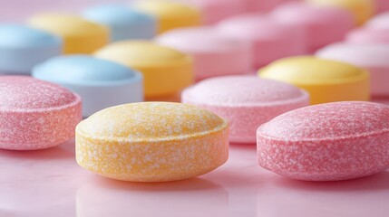 Obraz premium Colorful candy tablets in a playful arrangement on a soft pink background at a sunny café