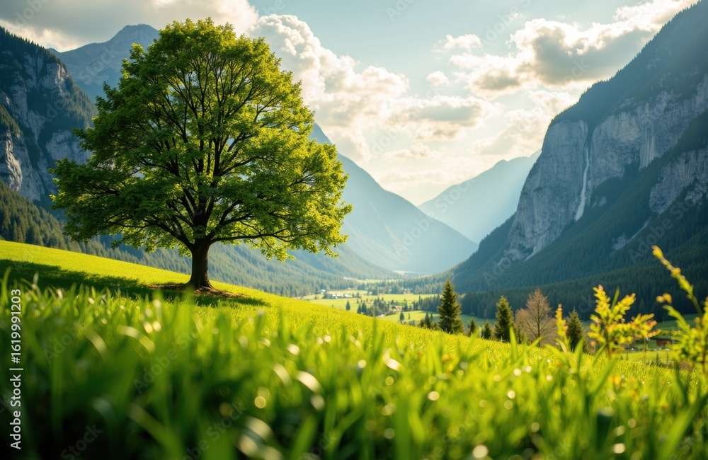 Poster a solitary tree stands in a lush green field with mountains in the background under a partly cloudy 