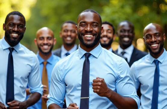 A group of confident African American men smiling outdoors in business attire