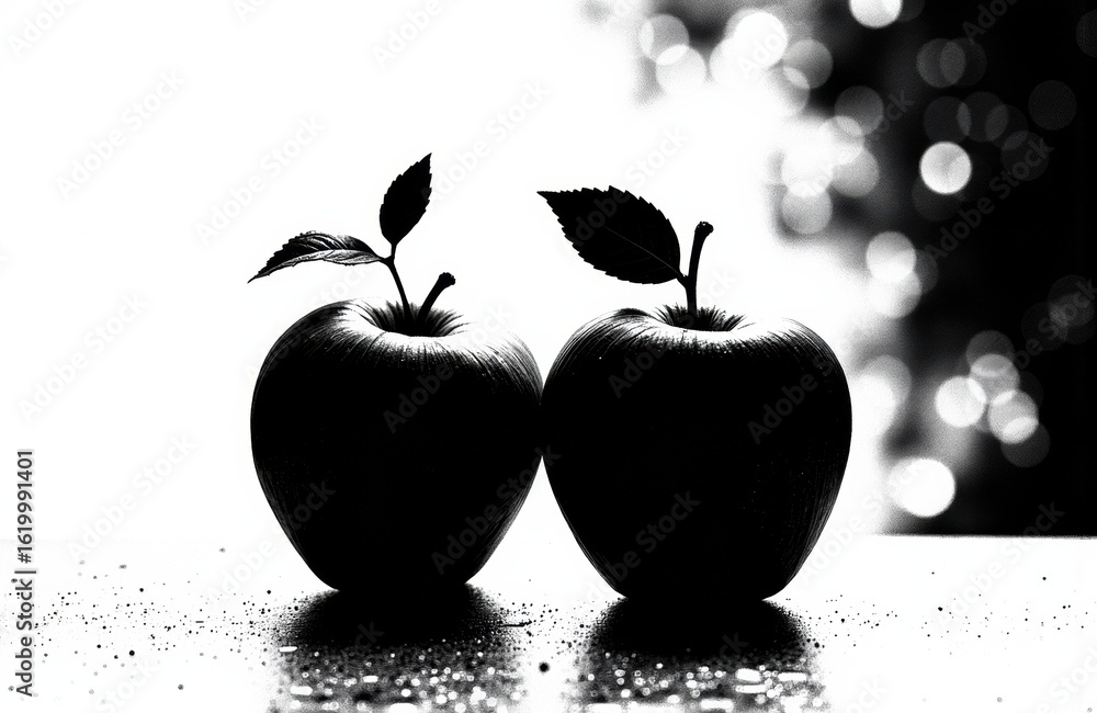 Poster two apples with leaves placed side by side on a surface with a blurred background in black and white