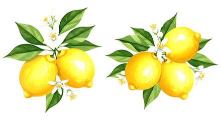 Two clusters of bright yellow lemons with green leaves and white blossoms isolated on a transparent background