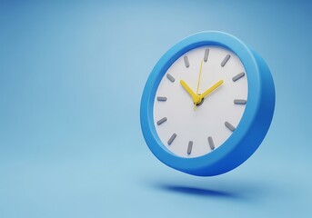 3d blue and white clock face with yellow hands, isolated on blue background