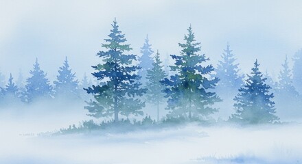 Fototapeta premium Watercolor painting of a misty forest scene with evergreen trees of varying sizes emerging from a hazy foreground, with shades of blue