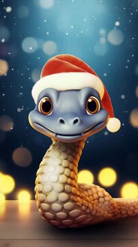 Cartoon style of happy snake in red santa hat outdoor with festive Christmas background with copy space. Year Of The Snake illustrative video. Reptile celebrating winter holidays. 