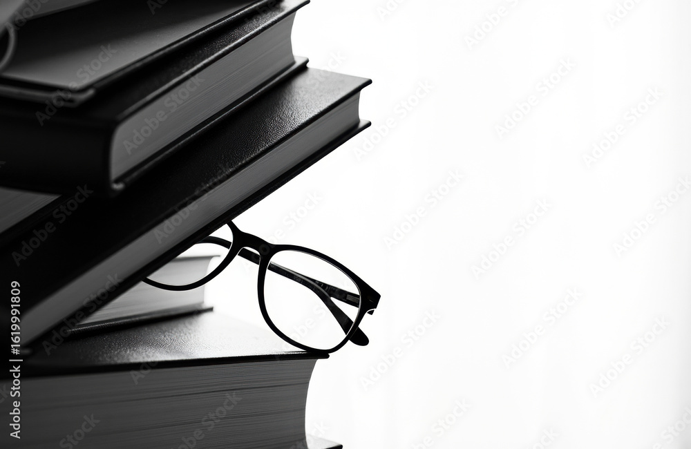 Aufkleber stack of books with reading glasses resting on top against a white background