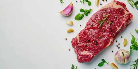 Raw beef steak laid flat with garlic cloves on white background