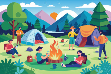 Vector People Camping Scene With Tent Fire And Outdoor Activities
