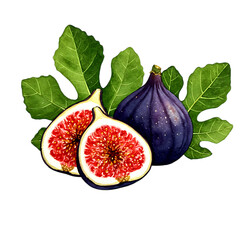 Watercolor purple figs cut in half with green leaves isolated on a transparent background fruit leaf