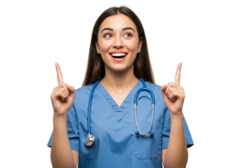 Excited young female medical professional wearing blue scrubs and stethoscope pointing upwards with both index fingers isolated on transparent background