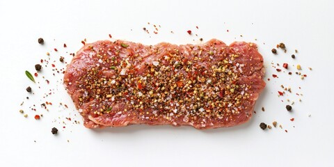 Raw minced meat steak with seasoning mix on white background