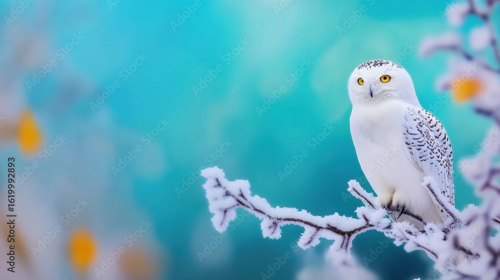 Poster snowy owl perched on a frosted branch in winter scenery with soft colors